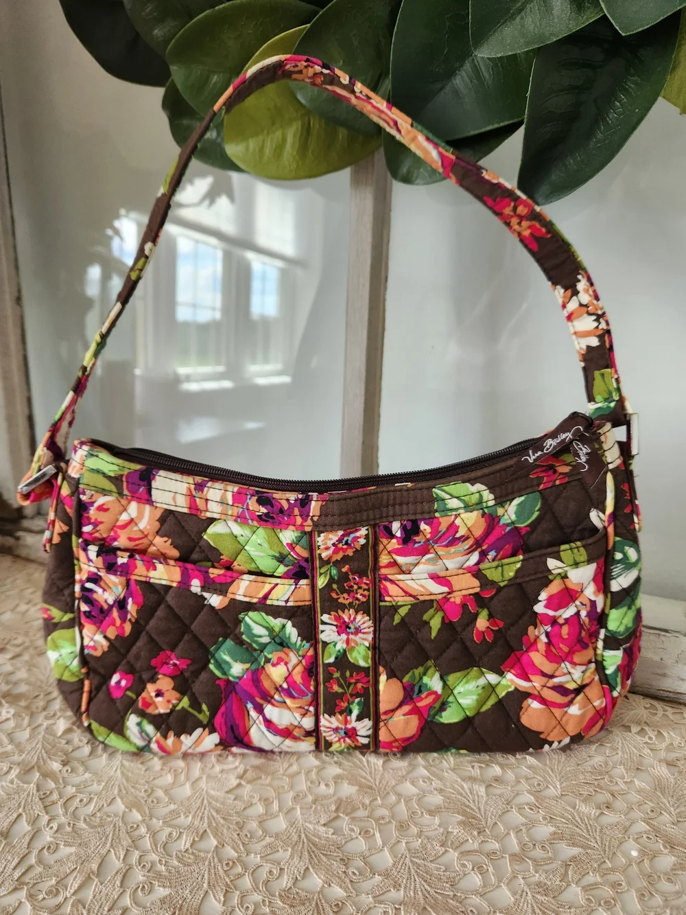 Vera Bradley Quilted Floral Shoulder Bag Brown and Multi 11 X 6.5 X 3 With 9.5